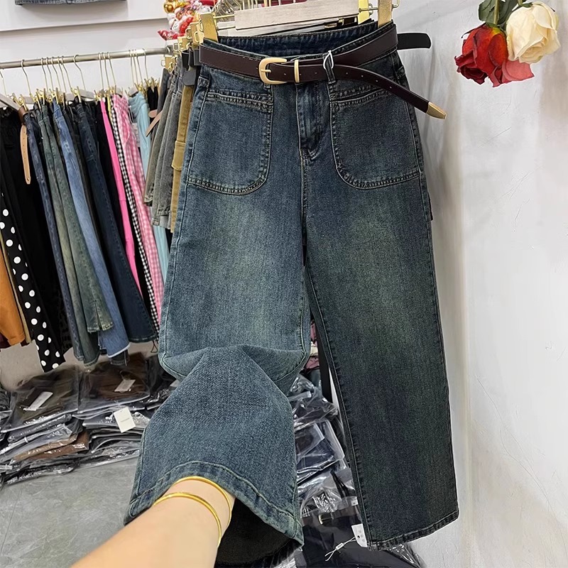 复古深蓝九分阔腿牛仔裤女春季口袋设计高腰宽松百搭直筒奶奶裤子