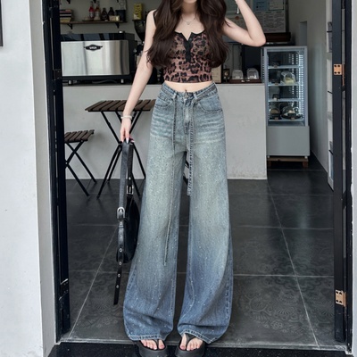 渐变色满天星烫钻时尚阔腿牛仔裤女2025秋季薄款宽松小个子拖地裤