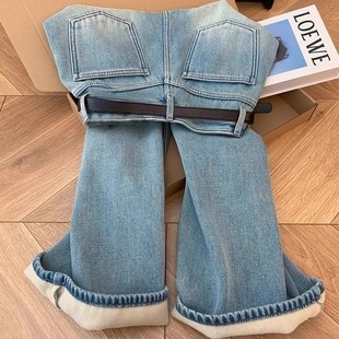 浅蓝色加绒牛仔裤女秋冬季新款流行高腰阔腿裤大码显瘦窄版直筒裤