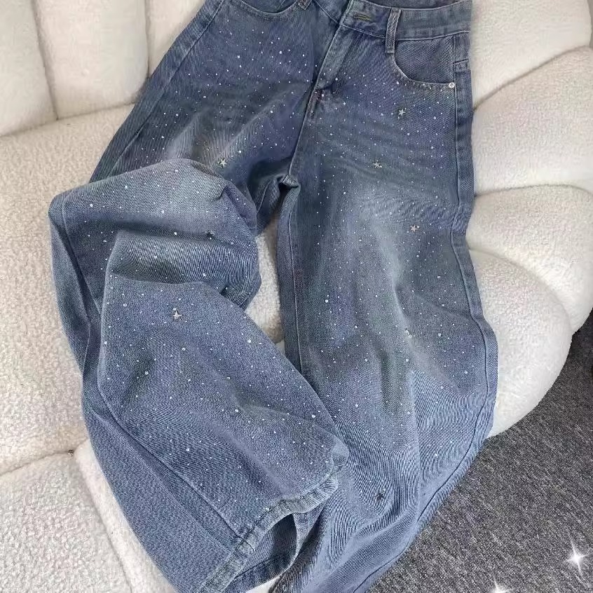 烫钻Bulingling微闪牛仔裤女2025年流行新款小众宽松阔腿直筒长裤