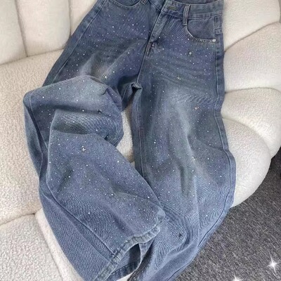 烫钻Bulingling微闪牛仔裤女2026年流行新款小众宽松阔腿直筒长裤