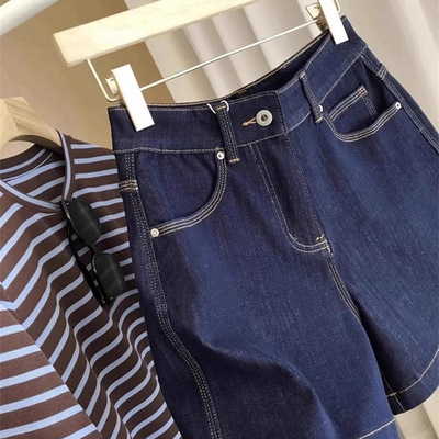 深蓝色高腰牛仔短裤女夏季新款直筒宽松五分裤子大码显瘦阔腿中裤