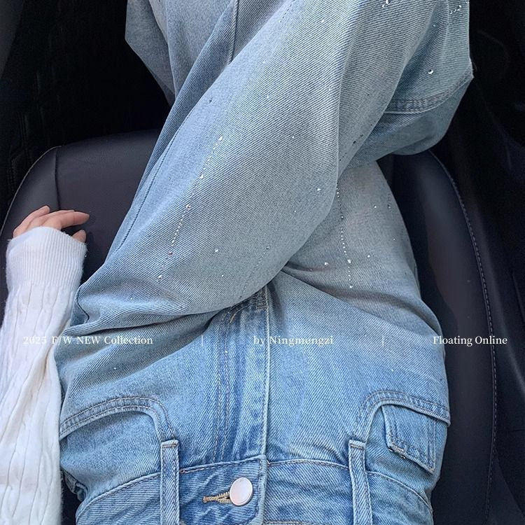 复古浅蓝色烫钻阔腿牛仔裤女2026春季新款高腰遮胯显瘦直筒长裤子