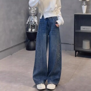 烫钻垂感弯刀牛仔裤女2026春季新款胖mm大码高腰显瘦小个子阔腿裤