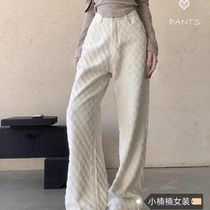 白色宽松新款提花牛仔裤休闲裤女早春高腰直筒裤拖地阔腿裤长裤子