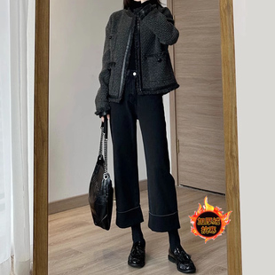加绒女冬季裤子2025秋冬款黑色直筒牛仔裤胖mm大码裤子九分阔腿裤