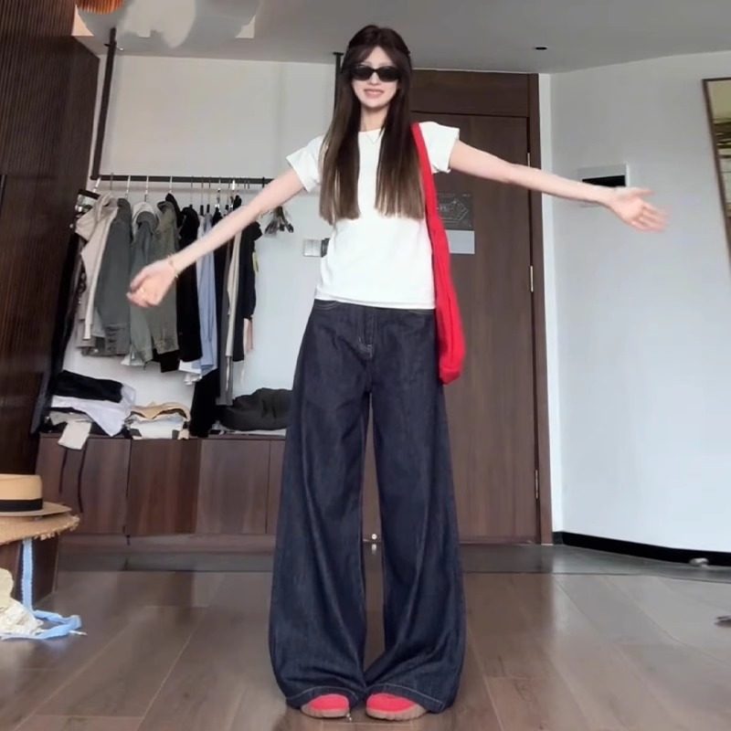 175高个子加长深蓝色大裤脚牛仔裤女秋季高腰宽松显瘦阔腿拖地裤