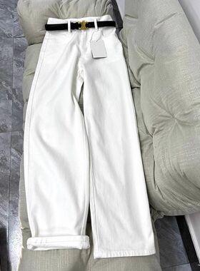 UM现货韩版白色牛仔裤子女春季2025新款阔腿裤高腰直筒长裤