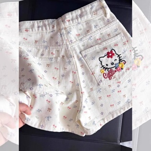 蝴蝶结樱桃Kitty猫刺绣牛仔短裤女大童夏季初中高中学生显瘦裤子