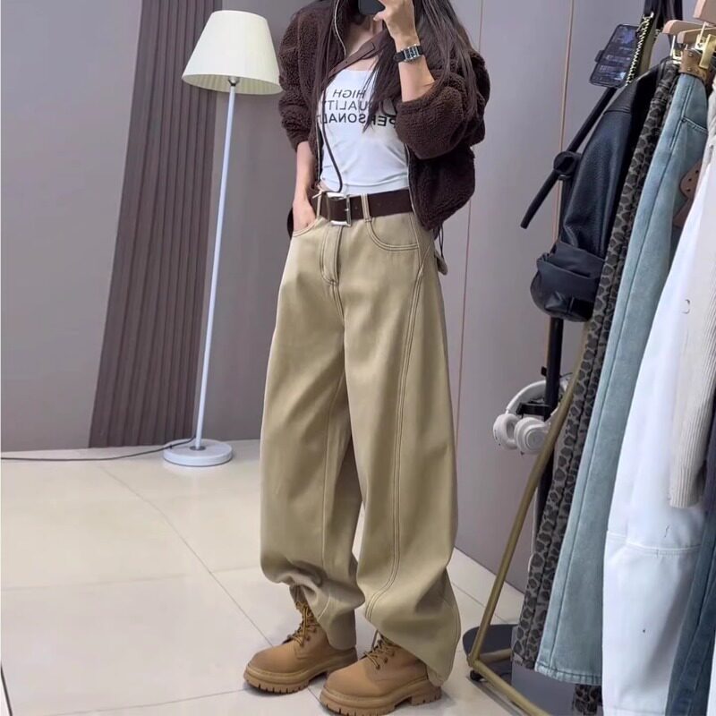 美式复古卡其色阔腿裤女2026春季新款小个子宽松显瘦垂感弯刀裤子