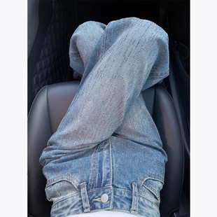 细闪满天星河烫钻阔腿牛仔裤女秋冬新款大码胖mm显瘦高腰直筒裤子