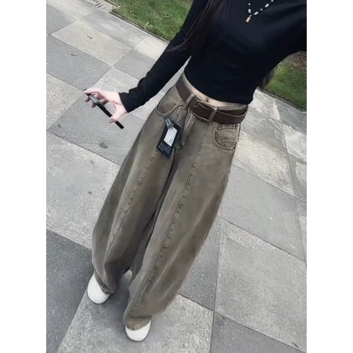 美式复古宽松慵懒松弛感牛仔裤子女2026秋季新款中缝设计拖地长裤