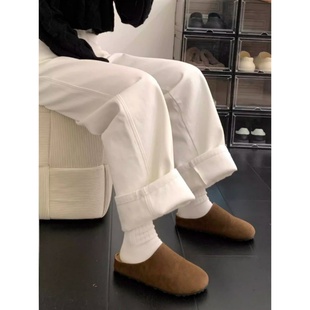 白色加绒牛仔裤女冬季新款大码胖mm显瘦宽松直筒梨形身材阔腿裤子