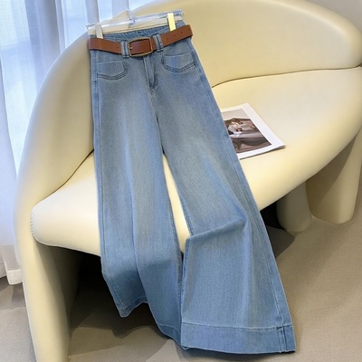 a版大微喇阔腿牛仔裤女春秋季新款高级感高腰垂感浅色长裤拖地裤