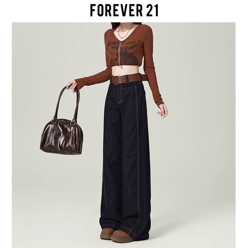 复古藏蓝色窄版直筒牛仔裤女2024秋季美式高腰宽松阔腿拖地裤子