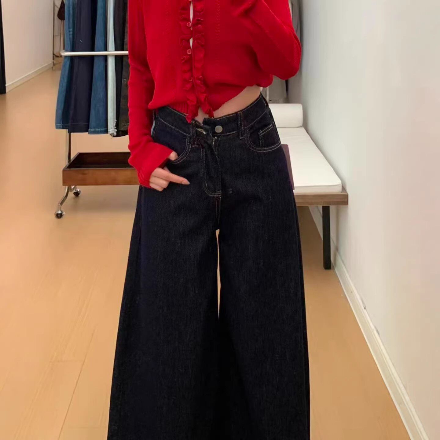 慵懒风深蓝色阔腿牛仔裤女春季新款大码胖mm'宽松显瘦直筒拖地裤