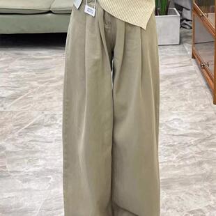 卡其色宽松直筒牛仔裤女春季新款韩版高腰显瘦褶皱设计感阔腿裤子