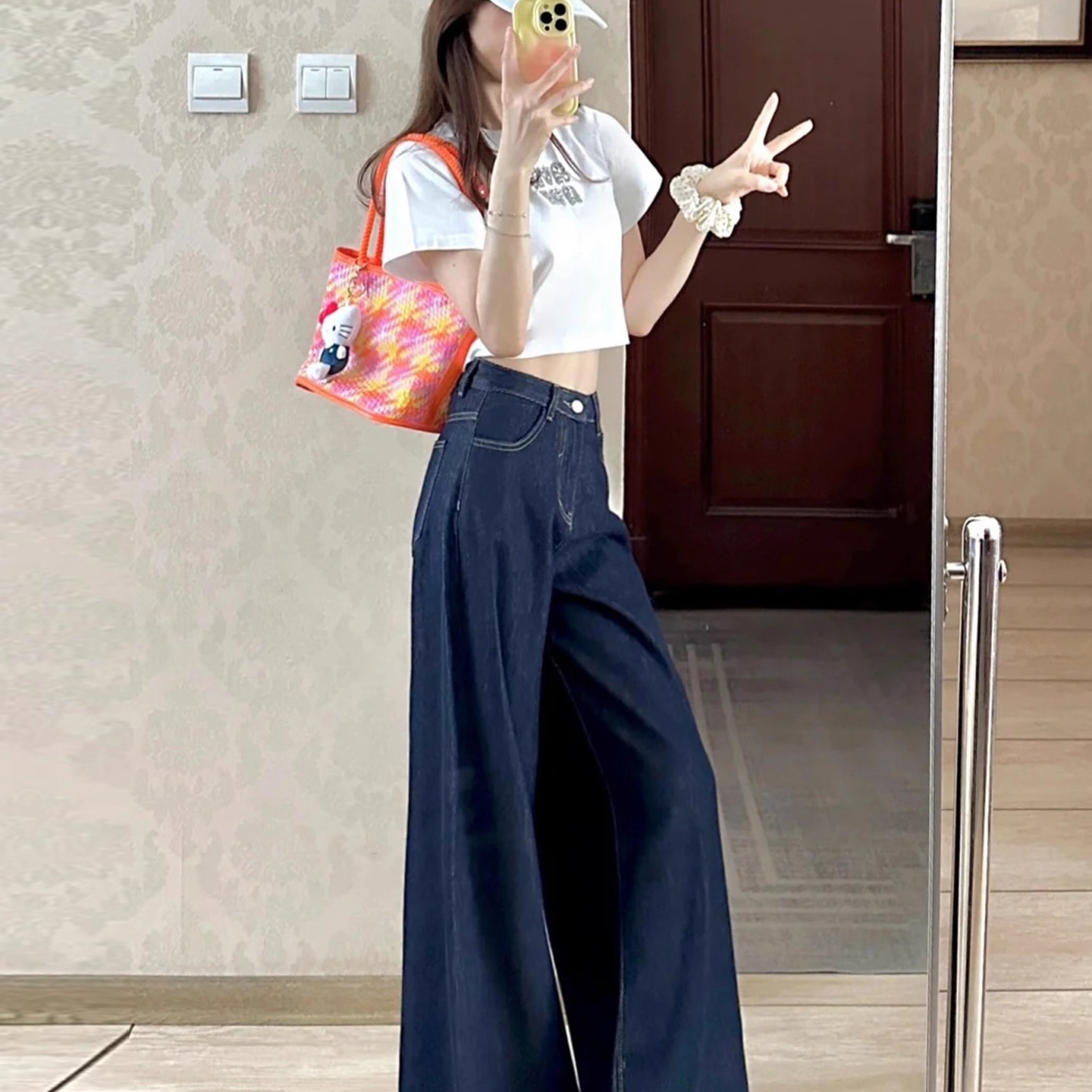 深蓝色美式阔腿牛仔裤女夏季薄款2025新款宽松高腰直筒垂感拖地裤