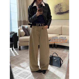 高腰卡其色弯刀牛仔裤女冬季加绒加厚密密绒保暖宽松阔腿拖地长裤