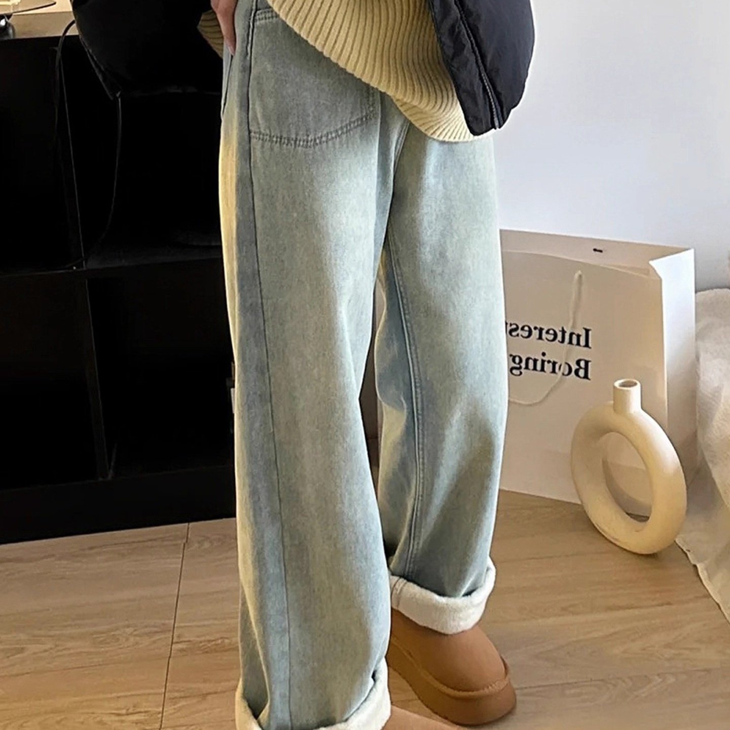 加绒裤子女冬2025新款宽松窄边阔腿牛仔裤大码胖mm显瘦加厚阔腿裤