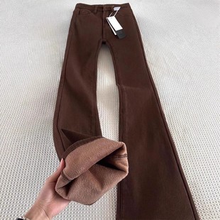 加绒加厚咖色微喇牛仔裤女秋冬新款胖妹妹mm高腰弹力显瘦马蹄裤子