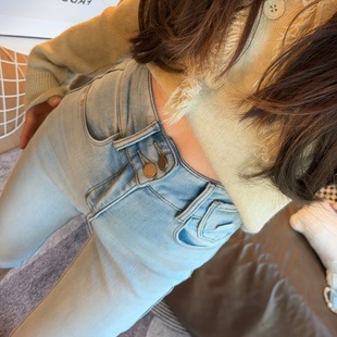 靴裤 韩系 加绒修身 女高腰弹力小脚长裤 高腰提臀清新浅蓝色牛仔裤