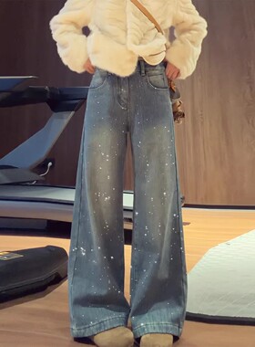 蓝色复古烫钻阔腿牛仔裤女2025冬季新款高级感宽松加绒直筒拖地裤