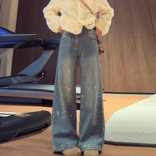 蓝色复古烫钻阔腿牛仔裤女2025冬季新款高级感宽松加绒直筒拖地裤