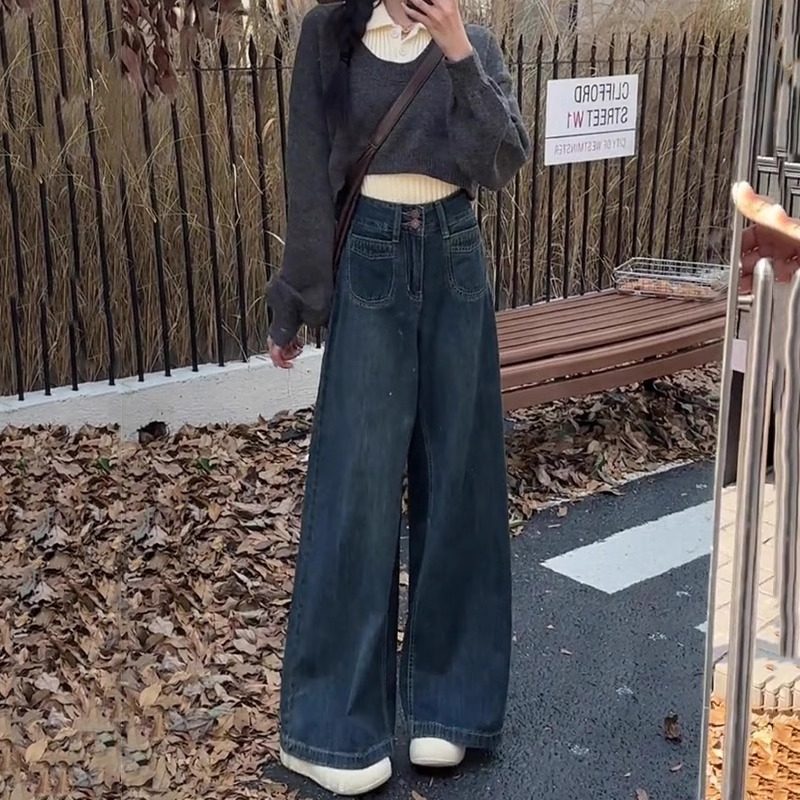 2024年秋季新款美式复古宽松牛仔裤女垂感拖地柔软高腰显瘦阔腿裤