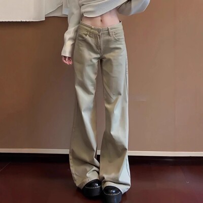 美式卡其色不贴腿加绒微喇牛仔裤女加长秋冬低腰微喇叭有质感裤子