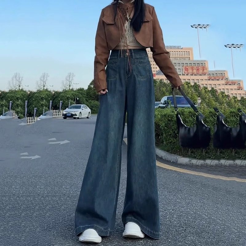 2024年秋季新款美式复古宽松阔腿裤垂感拖地百搭柔软直筒牛仔裤女