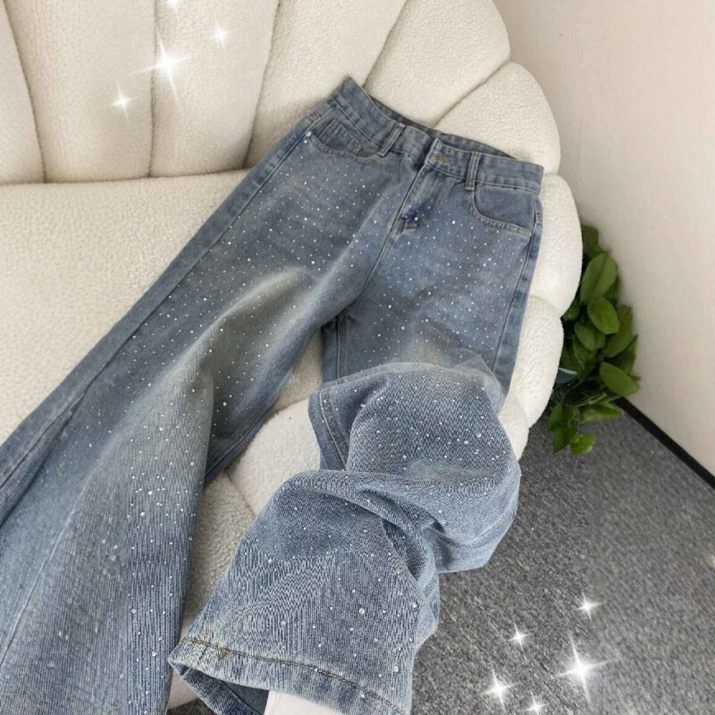 烫钻Bulingling微闪牛仔裤女2025年流行小众设计感宽松直筒阔腿裤