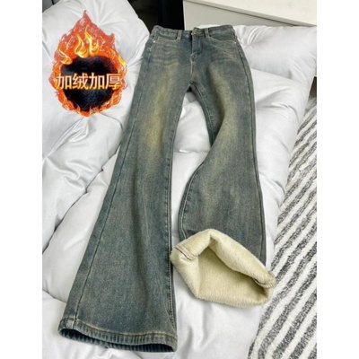 加绒加厚复古蓝微喇牛仔裤女秋冬大码胖mm高腰遮胯显瘦微喇马蹄裤