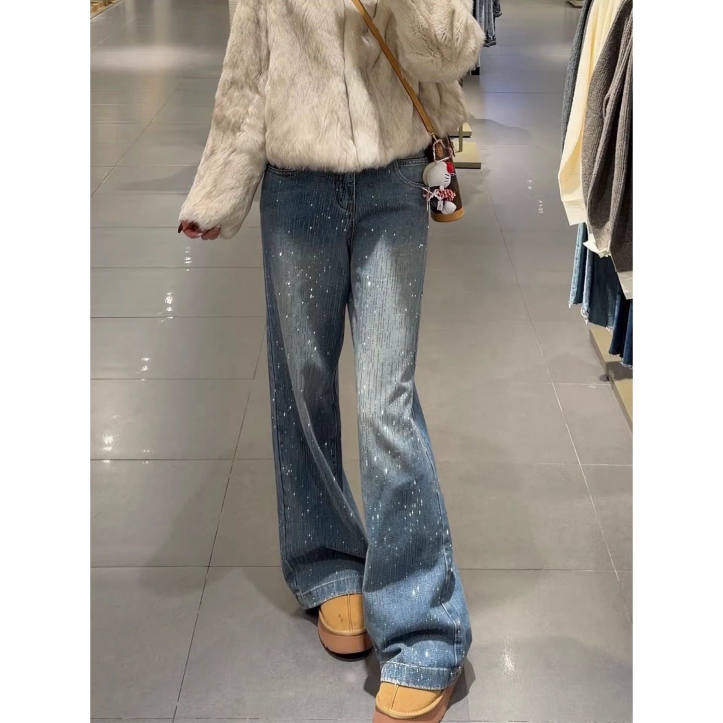 美式复古烫钻细闪阔腿牛仔裤女2025秋冬季新款宽松加绒直筒拖地裤