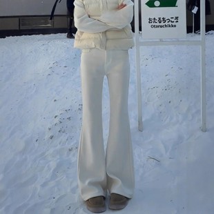美式白色微喇牛仔裤女秋冬加绒大码胖mm高腰显瘦遮胯弹力喇叭裤子