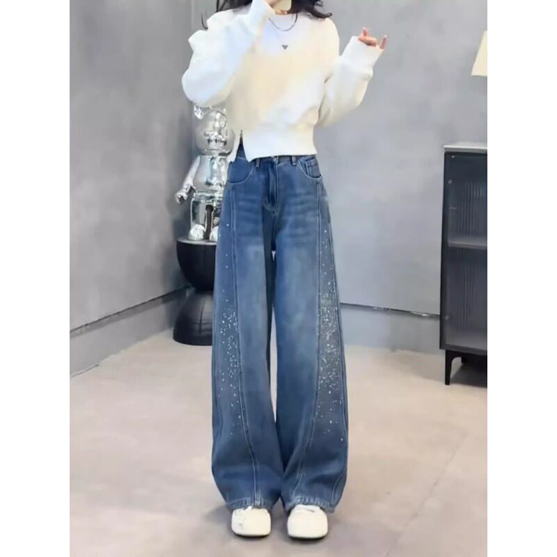 蓝色高腰烫钻弯刀牛仔裤女2026春季新款大码宽松显瘦设计感阔腿裤