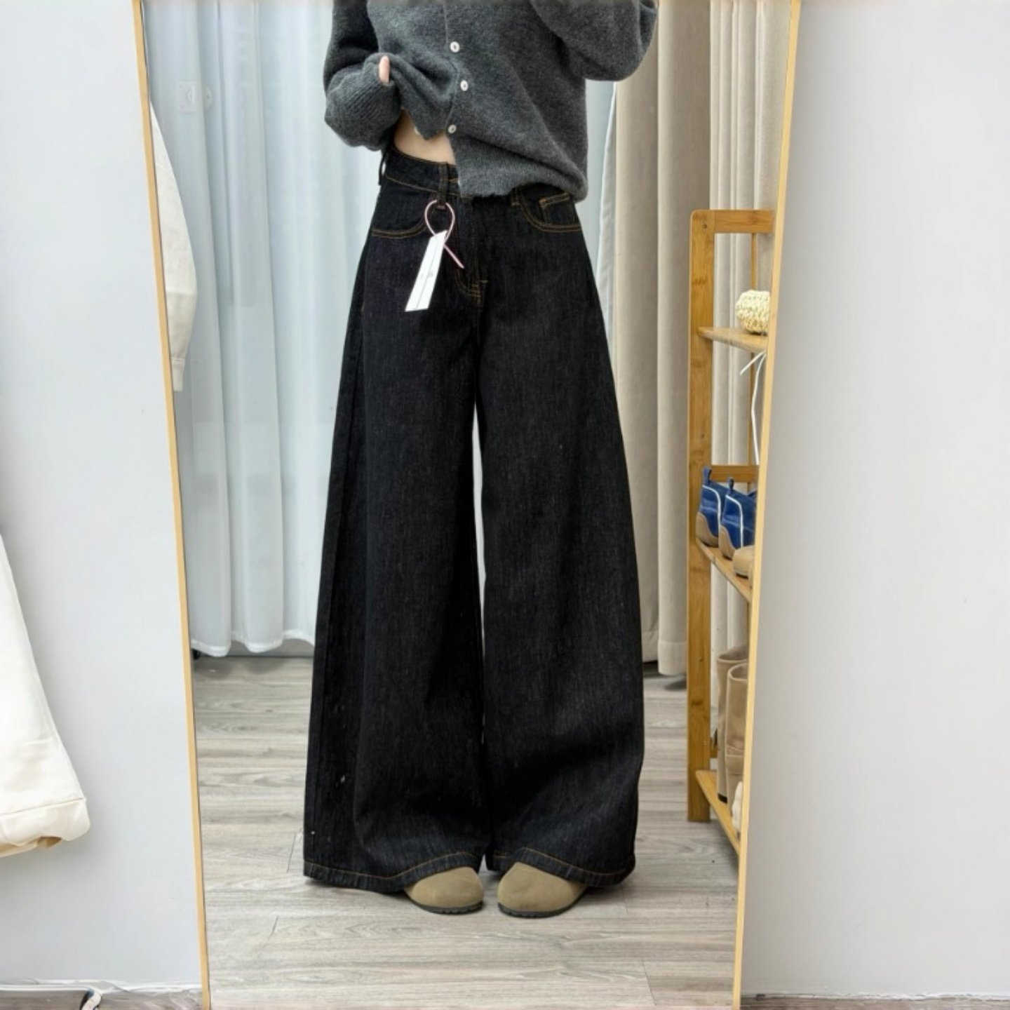 深蓝色阔腿牛仔裤子女款春季大码胖mm高腰显瘦梨形身材宽松直筒裤