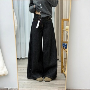 深蓝色阔腿牛仔裤子女款春季大码胖mm高腰显瘦梨形身材宽松直筒裤