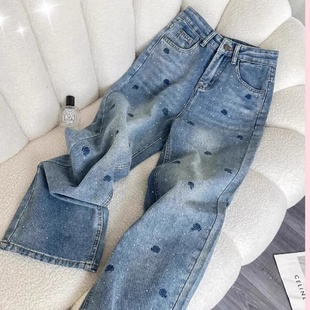 烫钻刺绣牛仔裤女夏季流行直筒裤子高腰显瘦时尚窄版阔腿长裤藏肉