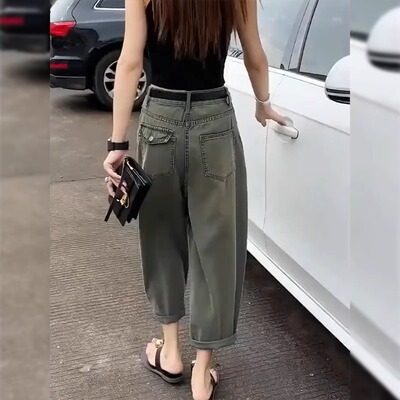 复古哈伦牛仔裤女2025夏季薄款大码梨形身材宽松显瘦八九分老爹裤