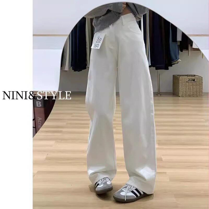 白色窄版阔腿牛仔裤女春秋2025新款高腰宽松垂感拖地小个子直筒裤