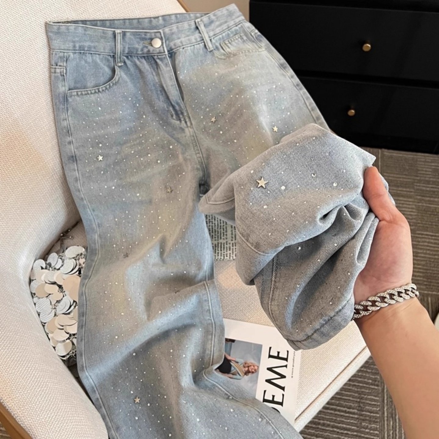 气质星星烫钻牛仔裤女2026夏季新款高腰显瘦直筒拖地阔腿裤子
