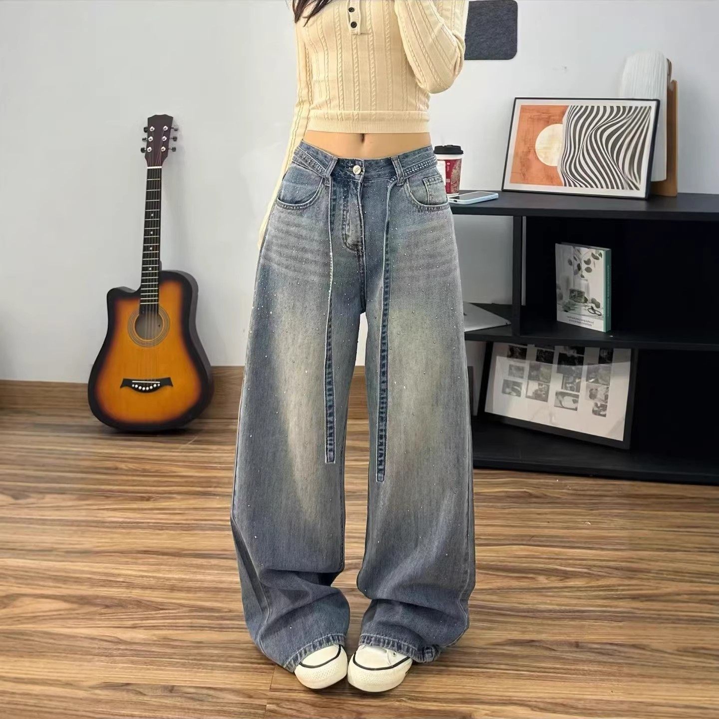 设计感重工烫钻牛仔裤女春季新款大码胖mm宽松显瘦带钻闪闪阔腿裤