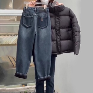 蓝灰色哈伦牛仔裤女2025秋冬新款大码胖mm宽松显瘦直筒九分阔腿裤