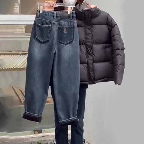 蓝灰色哈伦牛仔裤女2025秋冬新款大码胖mm宽松显瘦直筒九分阔腿裤