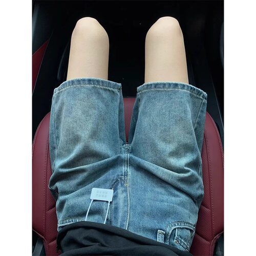 美式牛仔五分裤女夏梨形身材高腰直筒中裤大码胖mm显瘦阔腿短裤子