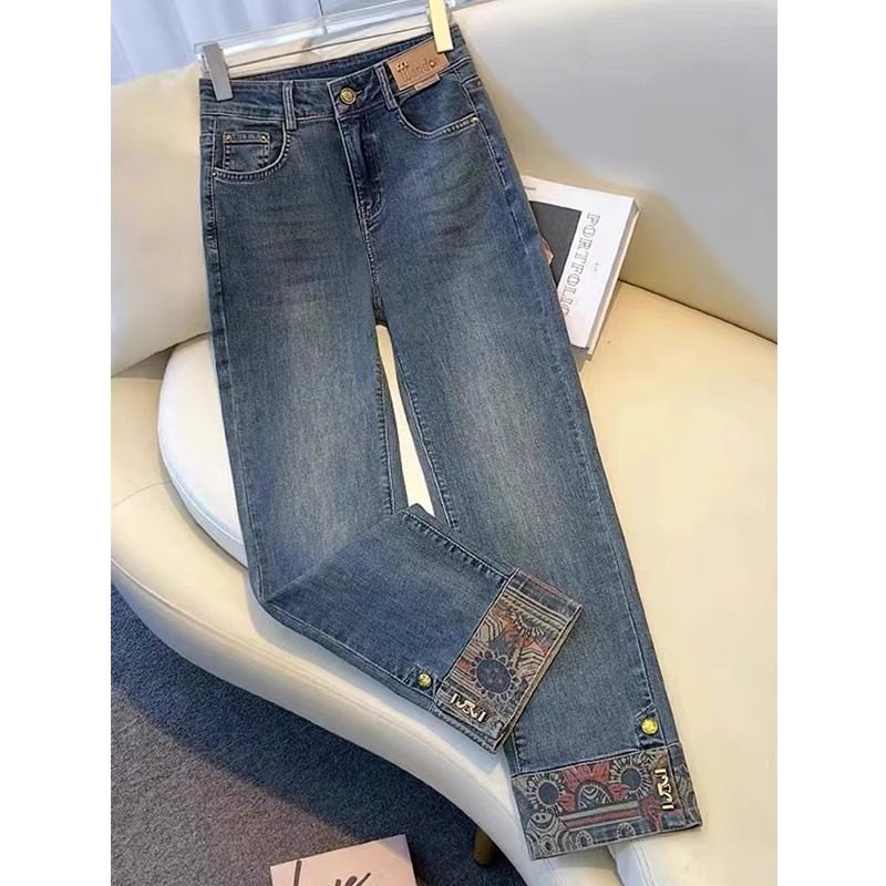 大码复古弹力牛仔裤女夏季新款胖mm高腰显瘦小个子九分直筒烟管裤