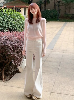白色微喇牛仔裤女2026夏季新款高腰修身薄款小个子不贴腿喇叭裤