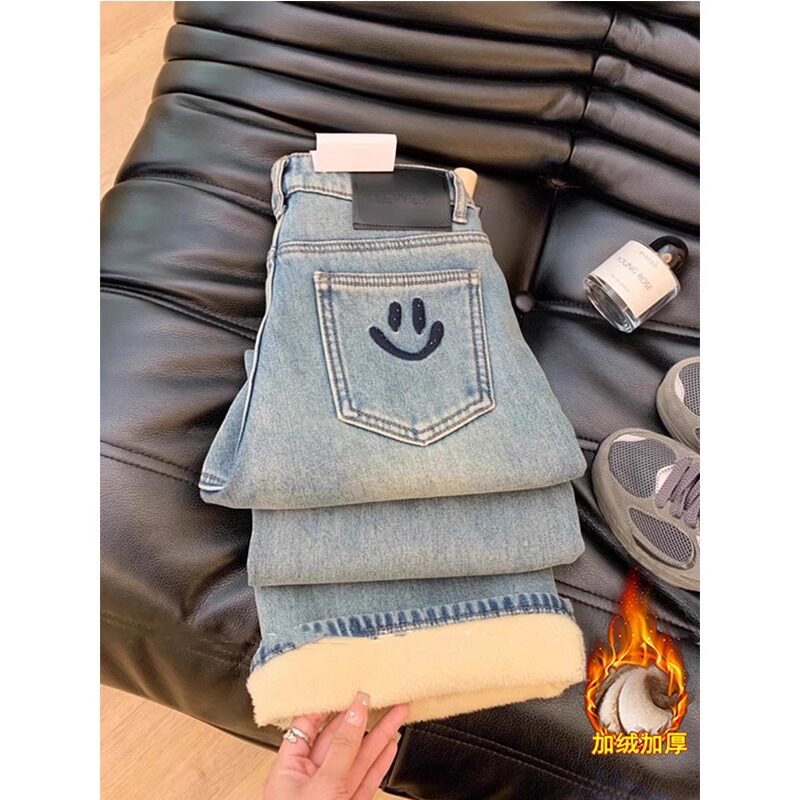 欧货加厚加绒保暖笑脸窄版牛仔裤女2025秋冬新款宽松直筒阔腿裤子