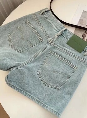 浅蓝绿色无弹牛仔高腰短裤女小众设计感A字显瘦休闲宽松阔腿热裤